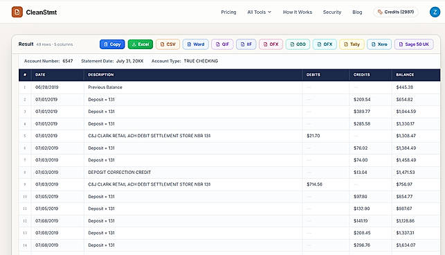 CleanStmt — extracted transactions, no merged cells