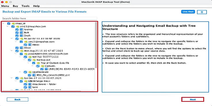 Expand the folder tree and select the emails or folders you want to back up