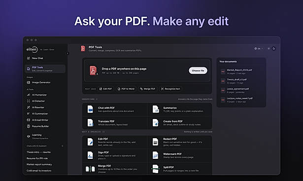 Eliten PDF Tools interface showing a document upload area, categorized actions (Chat with PDF, Summarize, Translate, Edit, Redact, Sign, Merge, Split), and a list of uploaded documents