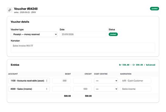 Ledger: balanced voucher posted automatically for the bill