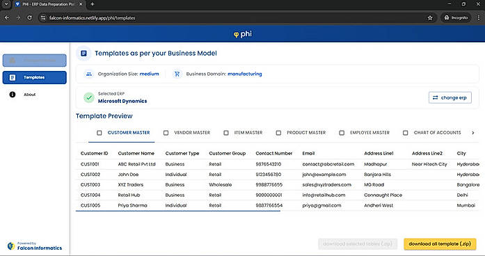 Download Master Data Template for selected ERP  Get Templates as per your Business Model Structured master data templates aligned with real ERP formats. Includes sample rows, standardized structures, and ready-to-use data sheets. Download individual templates as needed — or get the complete package in one click.