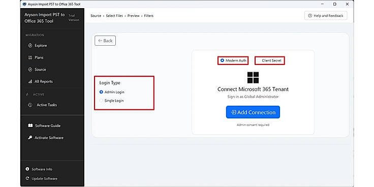 Log in to the Office 365 account via the Modern OAuth 2.0 or Impersonation.