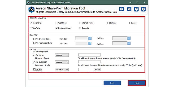 Choose the extensive Features/Filters in the software wizard. Then click on the Next button.