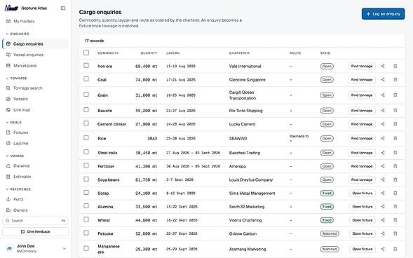 Enquiries workflow showing cargo or vessel enquiries
