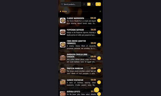 Restaurant menu on mobile