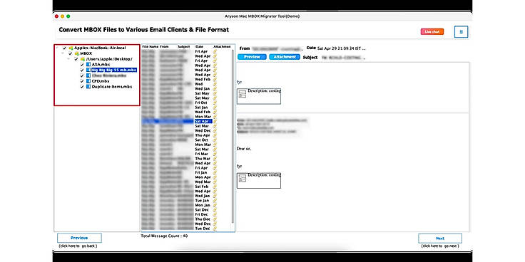 Preview the email messages and attachments within the file and select folders. Click Next.