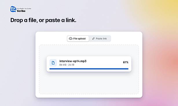 Audio and video files are uploaded directly or imported from a YouTube, Vimeo, or SoundCloud link, with a choice of 128 source languages.