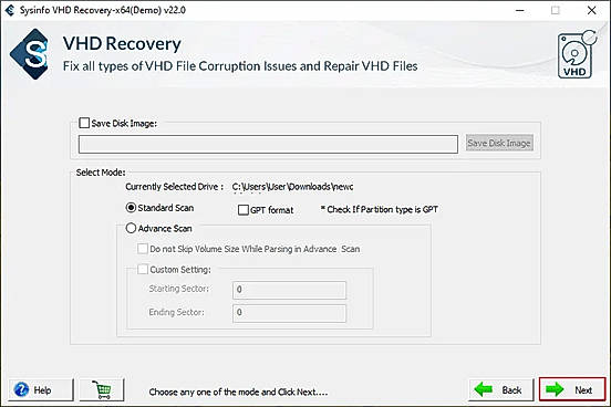 Choose to save Disk Image and scanning mode: Standard and Advanced.