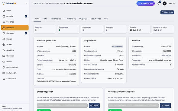 Patient record: sessions, payments and signed consent