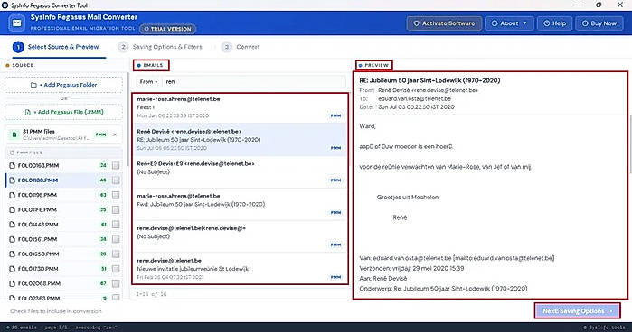 Double-click on any emails for a content preview for an integrity check. Select emails for conversion. Tap Next.