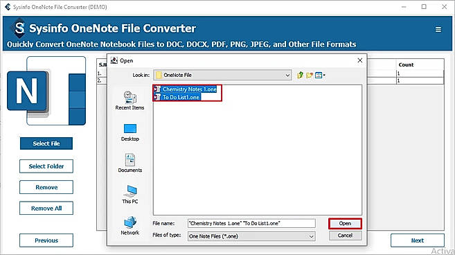 Choose OneNote files saved on your system, click Open, and then Next.
