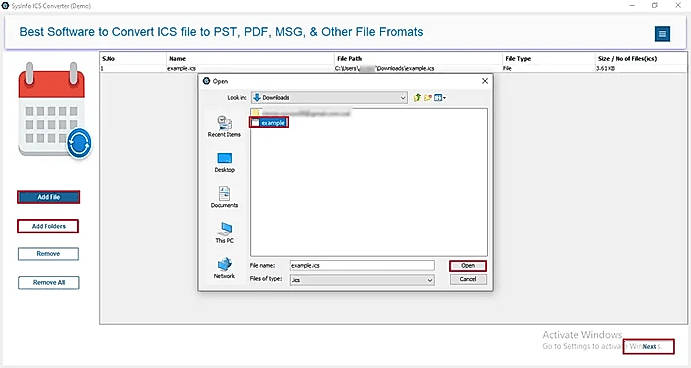 Click on the Add File or Add Folder button and browse ICS files. Click Open to add and then Next.