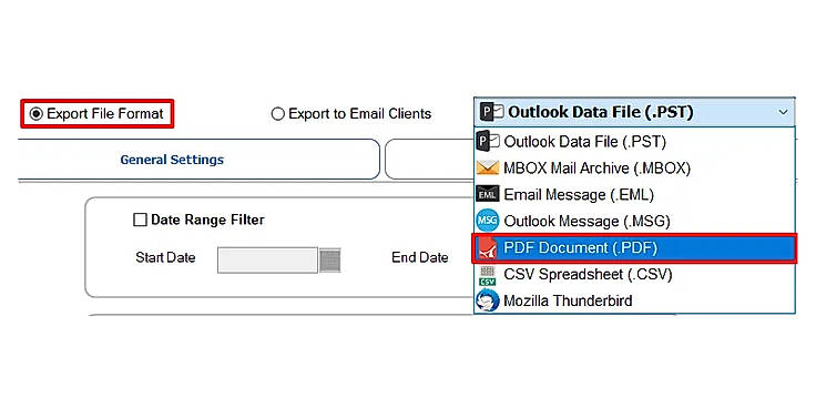 Select PDF as the destination format from the available Export File Format options.