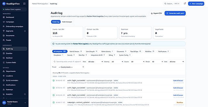 Append-only audit log and one-click audit pack