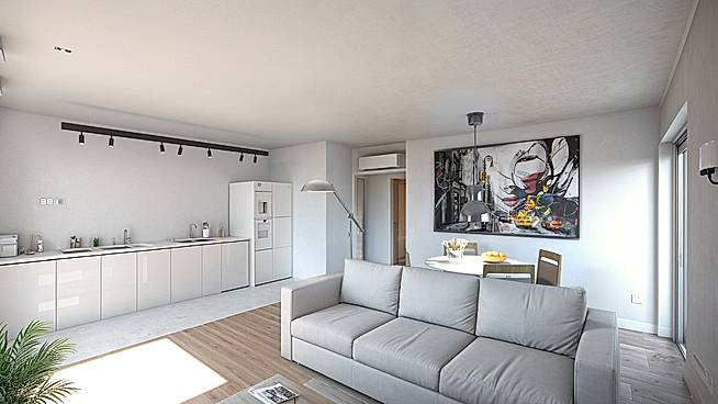 Photorealistic render: living room and kitchen