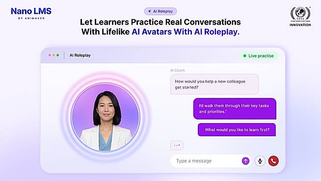 Learners practice real conversations by voice or text with an AI avatar that responds to what they say, then get scored feedback.