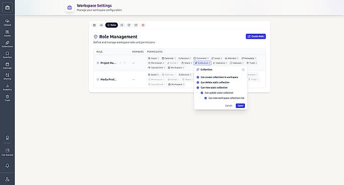 Custom roles with granular permissions across assets, collections, portals, sharing, and more.