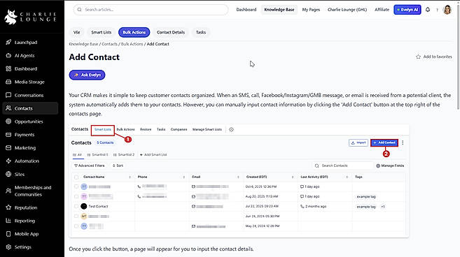 Knowledge base with 1,318 step-by-step guides and Ask Evelyn button.