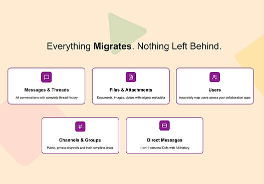 Move to Slack ensures complete migration of messages, files, users, channels, and direct messages with full data accuracy and history preservation.
