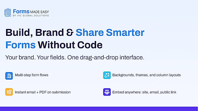 Forms Made Easy allows users to build, customize, and share smart Salesforce forms with a no-code drag-and-drop interface, multi-step workflows, branding options, and easy embedding.