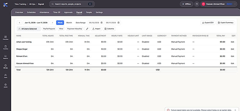 Payroll view converting tracked hours into pay, with multi-currency and PayPal, Wise, and Payoneer payouts.