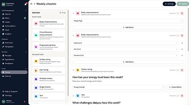 Custom weekly check-in form builder with body measurements, progress photos, rat