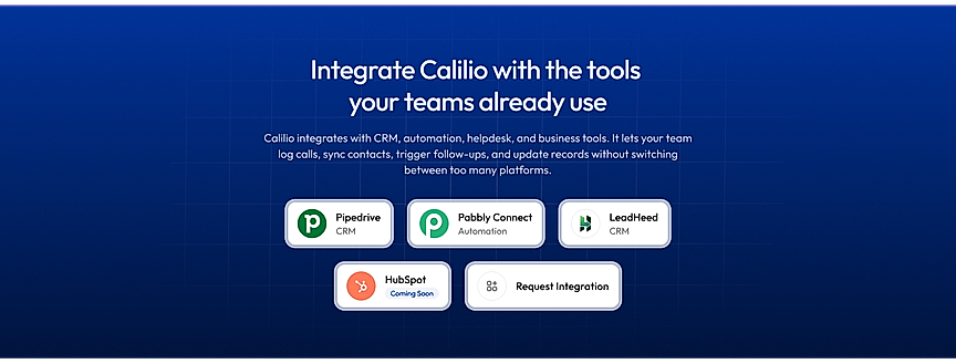 A business software integration page showcasing seamless CRM and automation integrations with popular platforms like Pipedrive, Pabbly Connect, LeadHead, and HubSpot. It helps businesses streamline workflows, sync contacts, automate follow-ups, and improve productivity by connecting their cloud phone system with essential business tools.