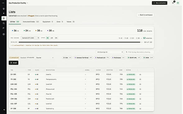 Tagsight exports to Excel, CSV, TIA Portal XML for Siemens S7, Rockwell L5X for Studio 5000, PLCCreator, DEXPI, JSON, and annotated PDF.