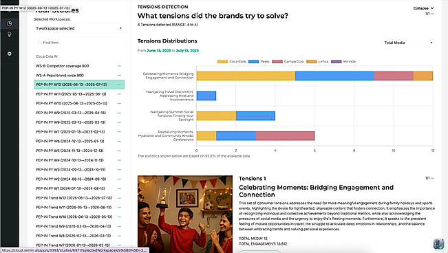 One question, answered with data: what tensions did the brands try to solve? SOMIN detects the audience tensions in play and shows each brand's share of them — what's crowded, what's emerging, and what's open for you to claim.