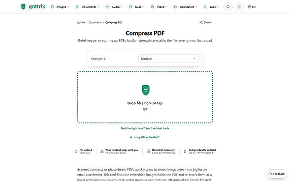 PDF compression with selectable strength - trust badges visible