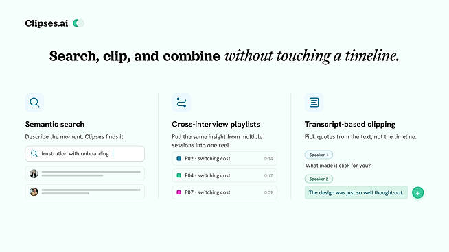 Search, clip, and combine without touching a timeline.