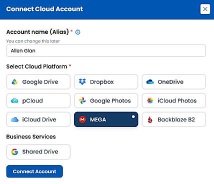 Seamlessly link and configure new cloud storage accounts by entering a custom account alias and choosing from a wide selection of major providers like Google Drive, Dropbox, OneDrive, MEGA, and Backblaze.