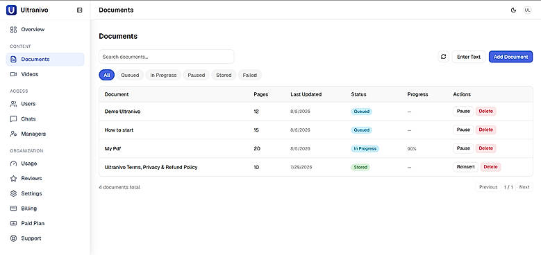 Upload documents and videos and watch them being read and indexed, page by page.