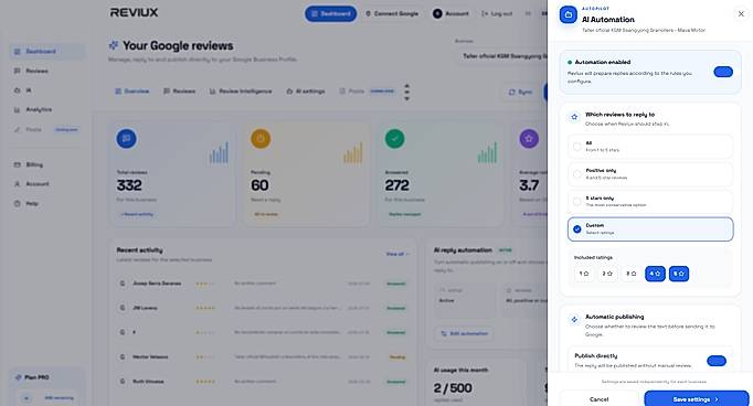Automated Google Review Replies: Put review management on autopilot with customizable rules that automatically generate and publish responses to Google reviews.