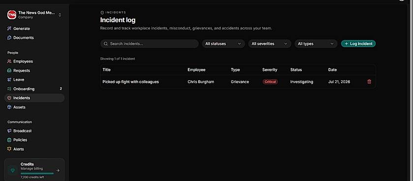 Incident Log interface