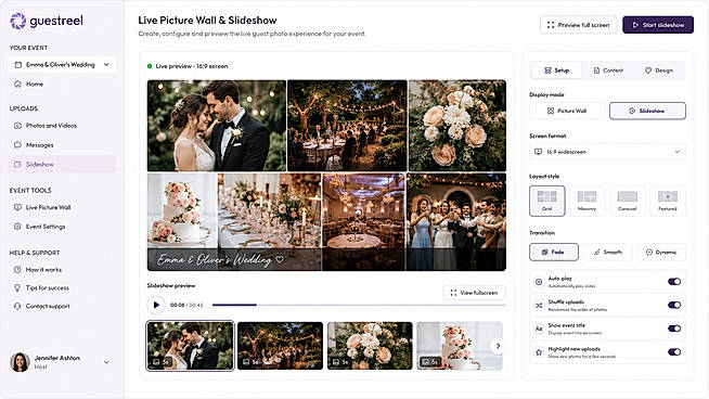 Show guest photos in real time with the Live Picture Wall and Slideshow.