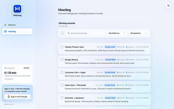 dashboard meeting list