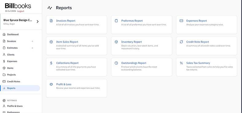 A centralized reports dashboard in billbooks featuring ten essential business reports, including collections, outstandings, expenses, inventory, and profit & loss, giving you quick access to key financial insights in one place.