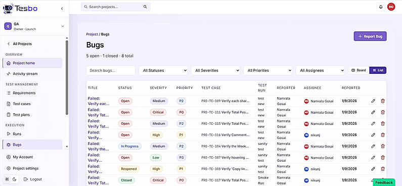 Bug & Defect Tracking: Log bugs directly from failed runs, linked to the case and requirement it covers. Over time, defect history tells the engine which areas break most and what a good catch looks like so tests are written where they matter most, not just where they're easiest.