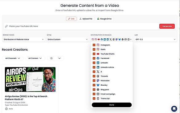 Distribution.ai's video generator with the full distribution channel list