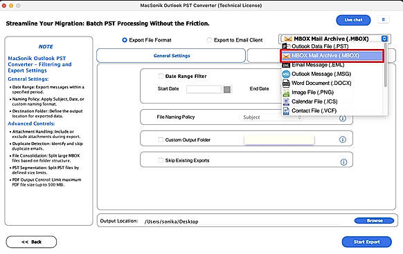 Select MBOX or another preferred format as the saving file format