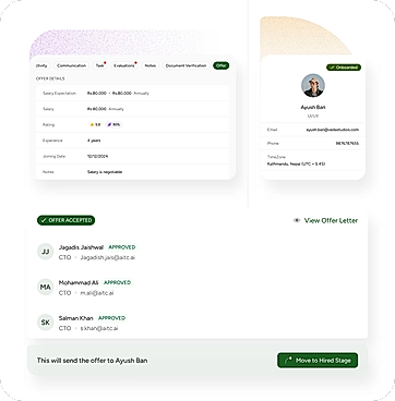 Offer details, salary negotiation notes, and multi-approver sign-off all live in one place — with a clear audit trail of who approved what. Once accepted, move the candidate straight to onboarded status and view their full profile, contact details, and timezone, all without leaving Mercury Recruit.