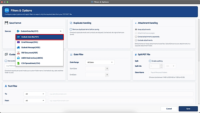 Choose PST or any other preferred format as the saving file format