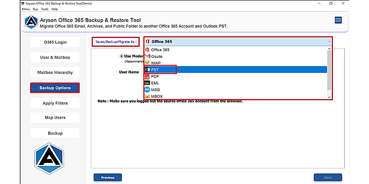 Mark Save/Backup/Migrate As and pick the PST or other format accordingly.