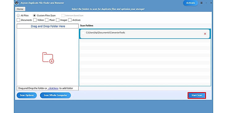 Click Scan to search for duplicate and similar files across the selected locations.