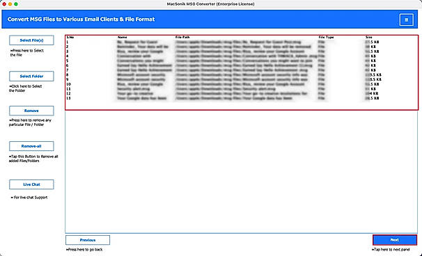 preview all the selected .msg files, emails, and attachments. Click Next