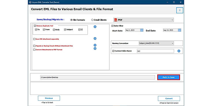 Select the Path to Save button to set a destination to save the resultant file.