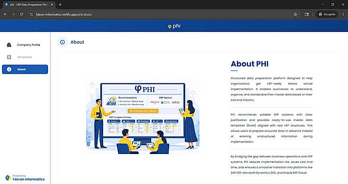 About Phi  Structured data preparation platform designed to help organizations get ERP-ready before actual implementation. It enables businesses to understand, organize, and standardize their master data based on their size and industry. Phi recommends suitable ERP systems with clear justification and provides ready-to-use master data templates (Excel) aligned with real ERP structures. This allows users to prepare accurate data in advance instead of entering unstructured information during implementation.