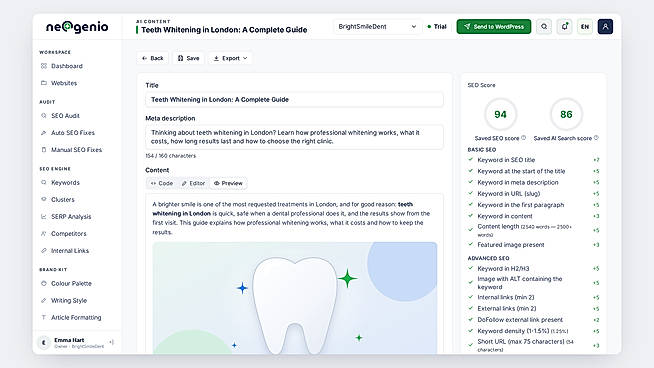 Article writing in your style: Set up your writing style and every generated article with its target keyword, language, WordPress publishing status, and word count. The generated article comes with its title and meta description, is scored live for SEO and AI search, with a checklist of what passes.