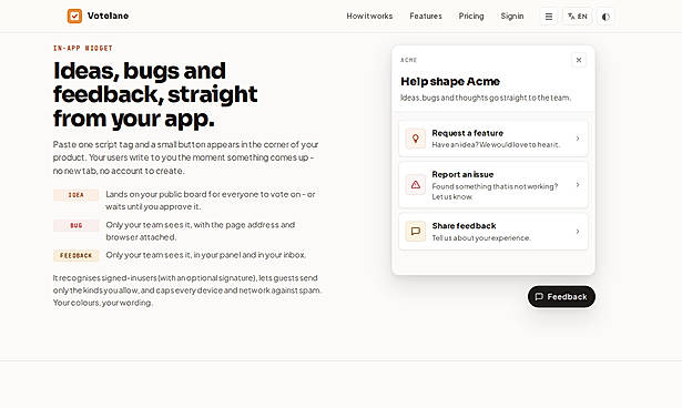 In-app widget for ideas, bugs and feedback